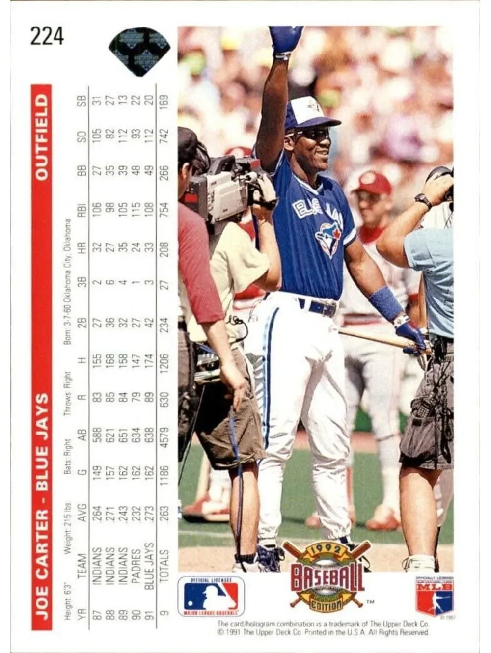 Joe Carter 1992 Upper Deck MLB #224 Baseball Card Toronto Blue Jays